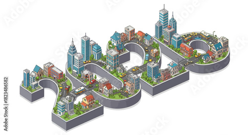 Dynamic isometric city skyline shaped like numbers with traffic and buildings