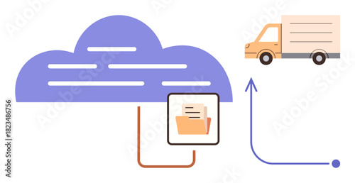 Cloud with digital file folder linked to delivery truck by arrows. Ideal for data storage, logistics, digital transfer, cloud services, online storage, communication, remote access. Simple flat