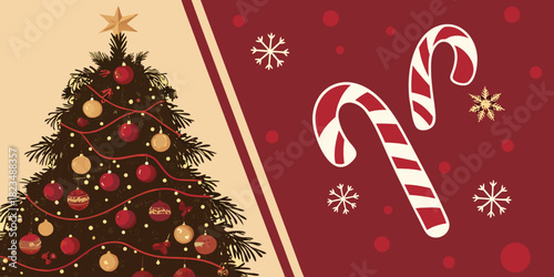 Split festive scene with decorated Christmas tree on beige left side and candy canes with snowflakes on red right side.