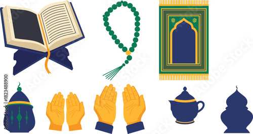 Islamic religious items including quran prayer mat prayer beads and hands in prayer