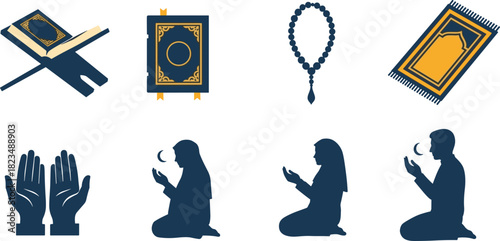 Islamic symbols and figures praying set