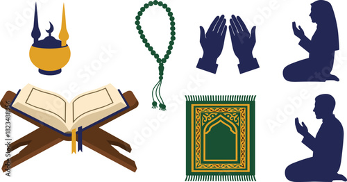 Islamic symbols of faith and prayer including quran prayer rug and people praying