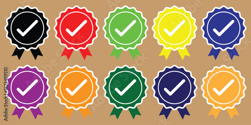 Collection of approval check mark rosette icons flat vector design elements for quality assurance and validation isolated on a neutral background EPS vector