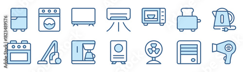 A clean and modern household appliances icon set featuring essential household items in simple blue style. Perfect for apps, websites, and smart-home interfaces with clear and consistent visuals.