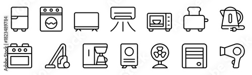 A clean and modern household appliances icon set featuring essential household items in simple line style. Perfect for apps, websites, and smart-home interfaces with clear and consistent visuals.