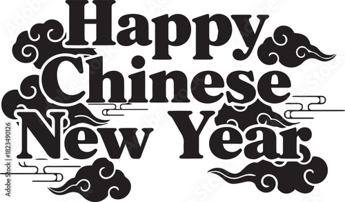 Happy chinese new year text with traditional clouds design