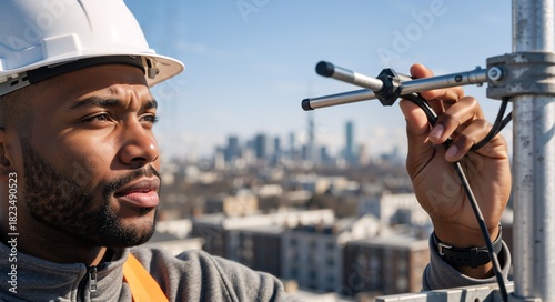 Male technician installing a 5G telecommunications antenna on a rooftop. Professional engineer working on network infrastructure with a city skyline in the background