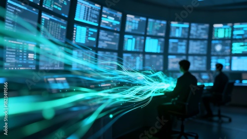 Generative AI abstract data flow visualization in server room.