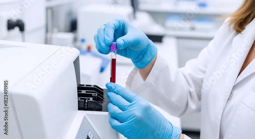 Scientist Hand Loading Blood Test Tube into Automated Laboratory Analyzer Machine