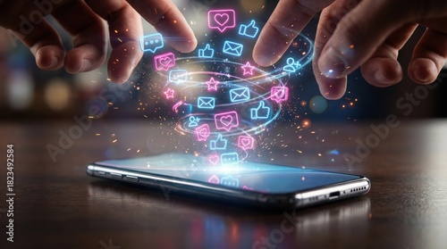 Social media concept with smartphone and glowing social media icons