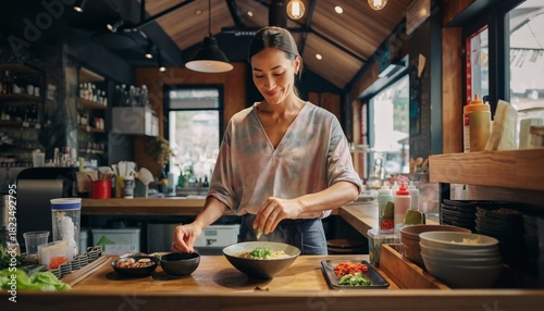 Portrait of casual Asian female staff working at ramen restaurants and pubs.