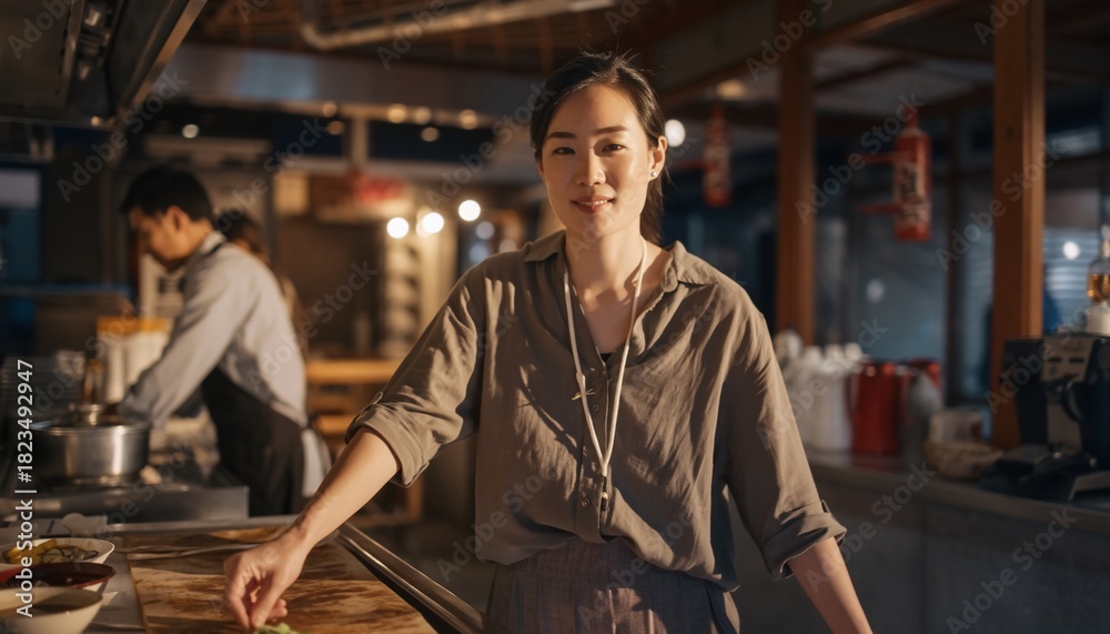 Fototapeta premium Portrait of casual Asian female staff working at ramen restaurants and pubs.
