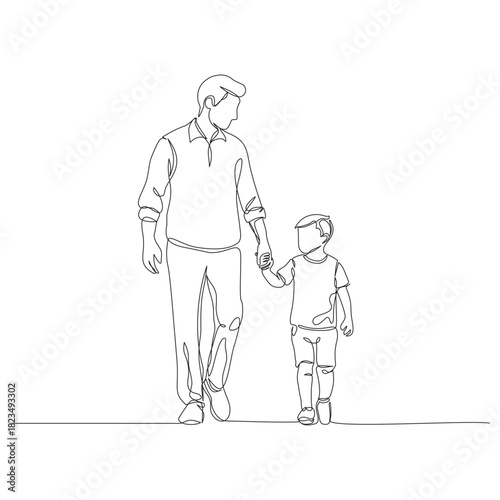 A continuous one-line illustration of a father and his young son walking together while holding hands