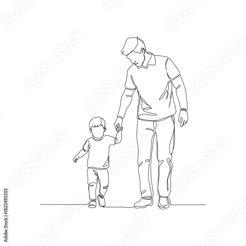 A continuous one-line illustration of a father and his young son walking together while holding hands