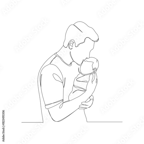A continuous one-line illustration of a loving father figure holding his baby and kissing them on the forehead