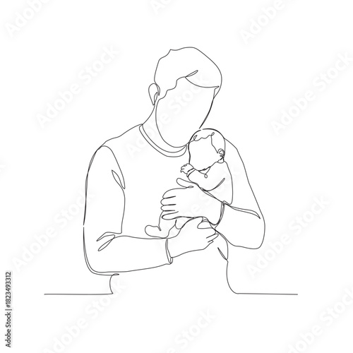 A continuous one-line illustration of a loving father figure holding his baby in a tender embrace