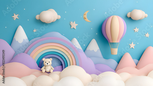 pastel fantasy niche Whimsical 3D Pastel Dreamland with Teddy Bear and Hot Air Balloon whimsical illustration dreamy soft colorful artistic design dreamy soft colorful artistic design dreamy soft