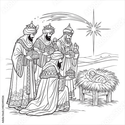 Three Wise Men with gifts observe baby Jesus in manger under star christmas nativity