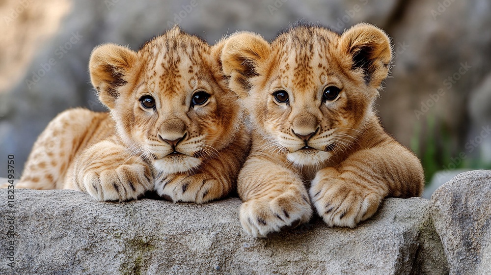 Obraz premium Two lion cubs resting together on a rock — concept of wildlife bonding