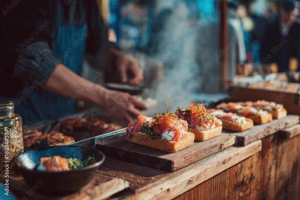 Naklejka premium French street food vendor prepares gourmet dish at bustling market in the evening, attracting food lovers with vibrant colors and enticing aromas