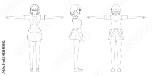 A determined girl in a apron dress with a white collar and bow strikes a t pose. This contour drawing is part of a professional vector set.