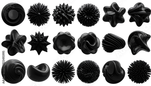 A grid of twenty dark, glossy 3D spheres and abstract shapes on a black background