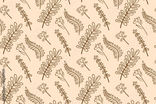 Repeating line floral pattern with various delicate botanical elements, intricately designed in brown on a beige background. This seamless vector illustration is perfect for textile designs.