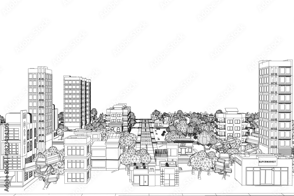 Naklejka premium Low poly cityscape with geometric buildings and stylized trees in clean contour drawing. Black and white illustration features minimalist urban landscape against white background.