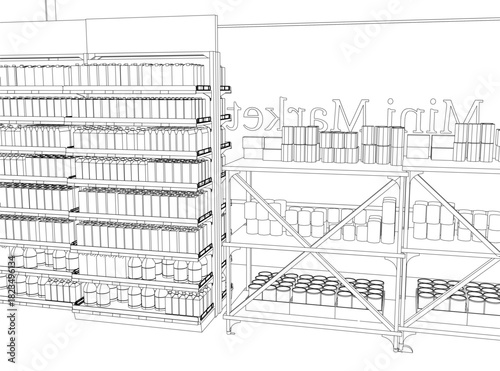 Mini market shop contour drawing of neatly arranged canned goods on shelves. The black and white illustration has a clean white background.
