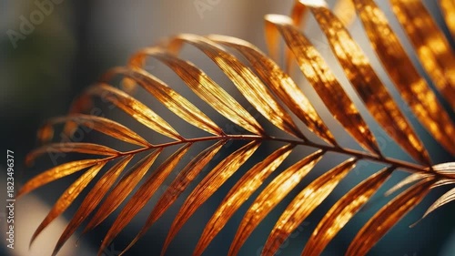 Close-up of a copper-orange palm leaf with slender leaflets along a central stem.