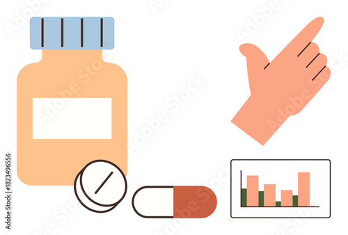 Medicine bottle, pills, and hand gesture alongside a data chart with bars. Ideal for healthcare, medication management, patient care, analytics, health monitoring, medical research simple flat