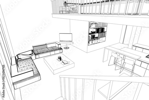 Black and white loft interior contour drawing featuring a spiral staircase, modern sofa, coffee table, bookshelf, and minimalist chairs.