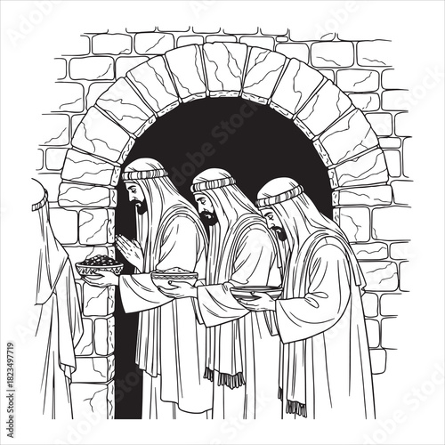 Three men in robes holding bowls of offerings passing through a stone archway headdress
