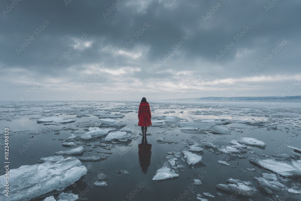 Obraz premium Woman in a vibrant red coat walks across a frozen lake surrounded by ice chunks on a cloudy winter day