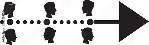 Silhouettes of people in a line moving forward on a dotted path with an arrow