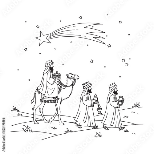Three Wise Men following a shooting star on camels across a starry night sky christmas nativity