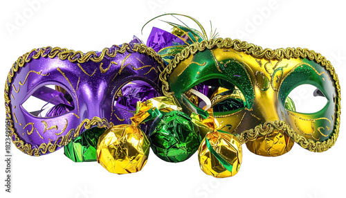 Two ornate face coverings with wrapped treats on a black background, festive
