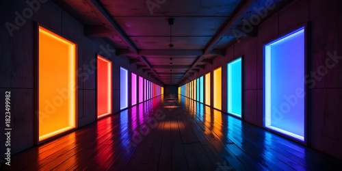 Abstract colorful neon light corridor: modern architecture, vibrant colors, futuristic design, and creative interior for business advertising.