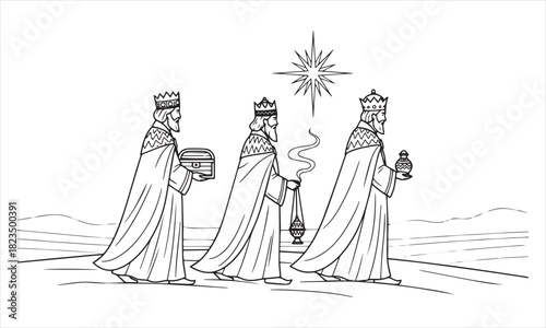 Three Wise Men walking with gifts and star above in line art style christmas nativity
