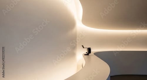 白い壁と曲線のデザインが特徴的な現代建築内部空間、間接照明が柔らかい光を演出