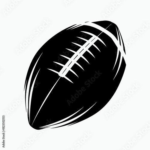 Black rugby ball illustration with detailed stitching design  