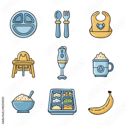 Baby weaning food and feeding accessories icon set illustration
