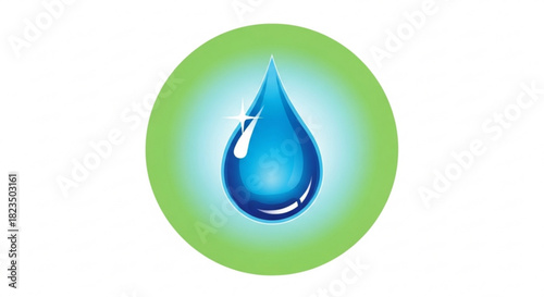 Vibrant blue water drop icon with bright highlight, centered within a glowing light green circle, symbolizing purity and freshness in a clean design