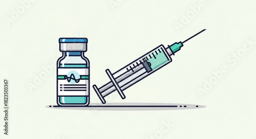 Flat design illustration of a medical syringe and a vial of liquid medicine or vaccine