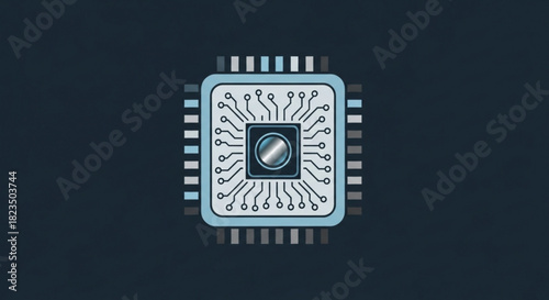 Stylized illustration of a central processing unit microchip with visible circuitry and pins against a dark background, representing technology and computing
