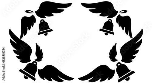 Silhouette of angel wings with bells creating circular frame, holiday decoration