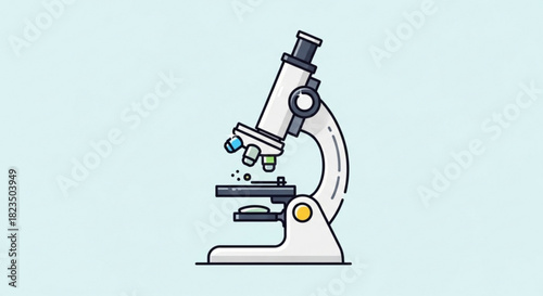 Simple illustration of a laboratory microscope with multiple objective lenses, perfect for science and education concepts on a light blue background