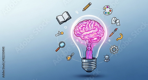 Conceptual illustration of a glowing lightbulb containing a brain surrounded by various icons representing creativity, learning, and innovation on a blue background