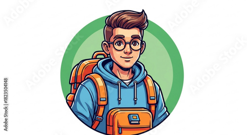 Cartoon portrait of a smiling young male student or traveler wearing glasses and a blue hoodie with an orange backpack