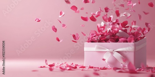 Pink box with gift ribbon and red petals